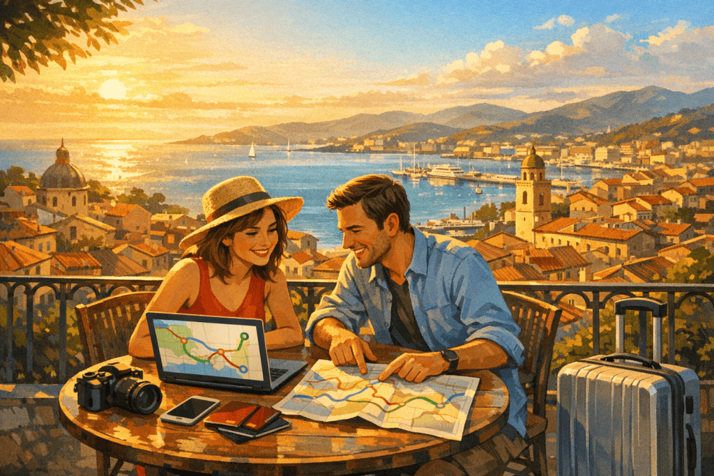 Planificateur de voyage, illustration de couverture avec voyageurs préparant un itinéraire