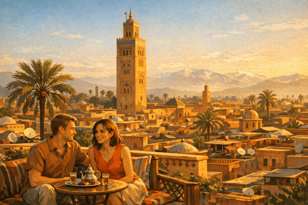 Illustration rooftop à Marrakech au coucher du soleil pour l’article ou partir en octobre au soleil pas cher