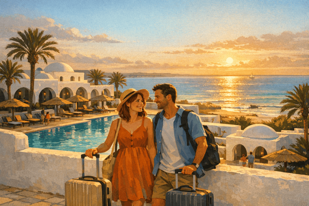 Couple en escapade tout compris à Djerba au coucher du soleil, illustration pour un voyage à petit budget
