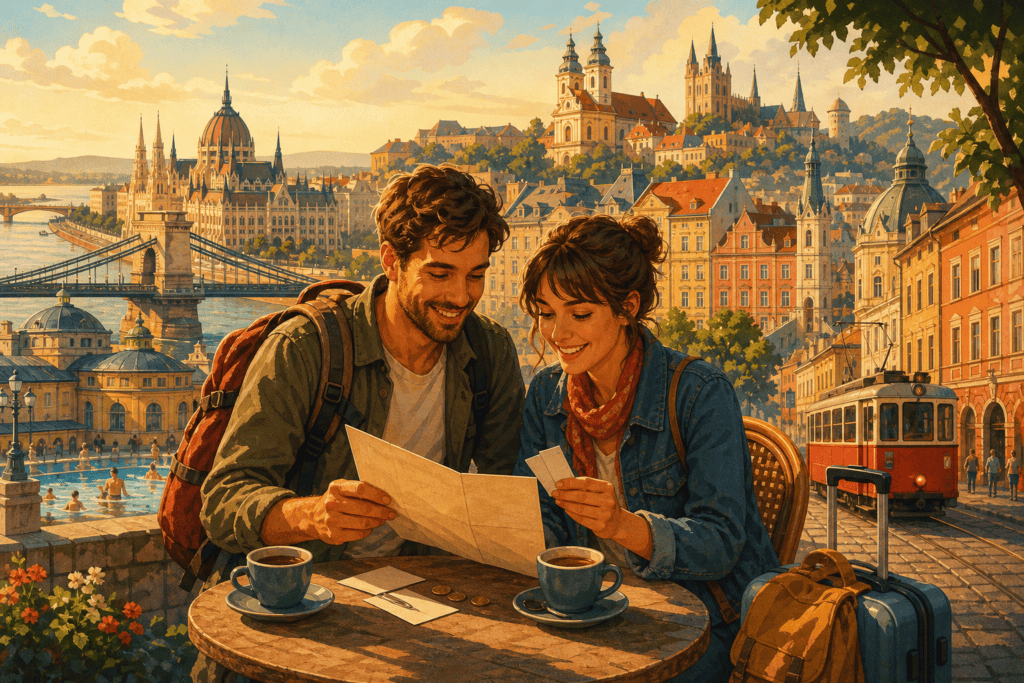 Illustration de voyageurs comparant des villes européennes pas chères pour un city trip budget.