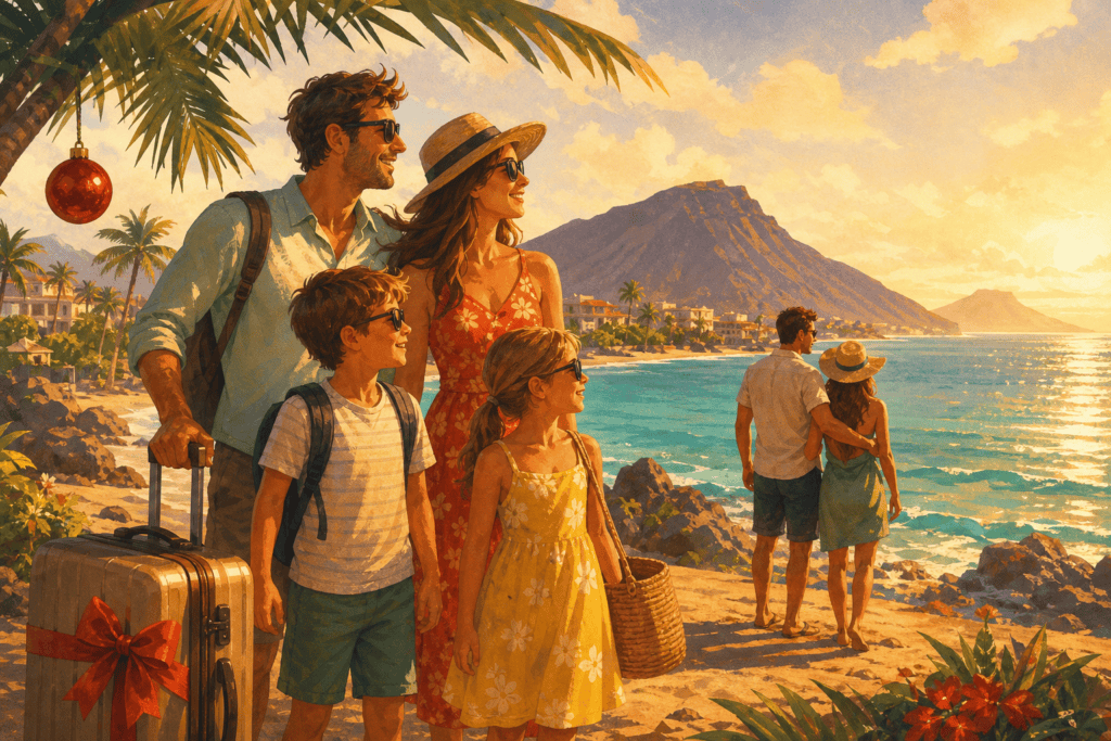 Famille et couple sur une plage ensoleillée pour des vacances de Noël au soleil