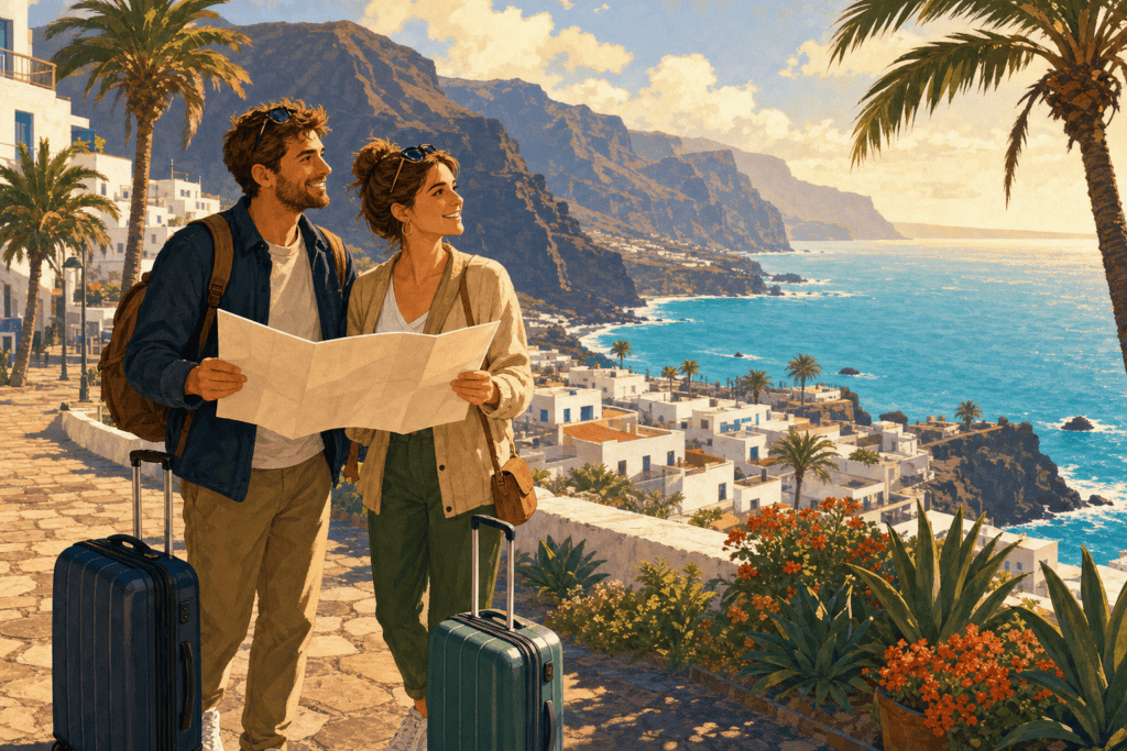 Illustration de voyageurs au soleil en février aux Canaries, destination abordable pour fuir l’hiver.