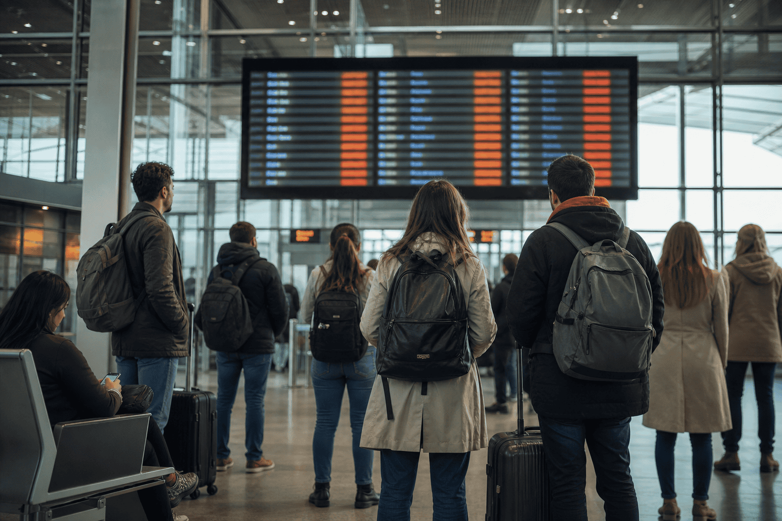 Passagers en attente devant les départs, un retard de vol à gérer