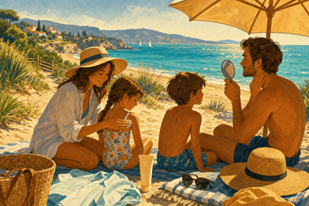 Famille en vacances au soleil préparant sa protection solaire sur la plage
