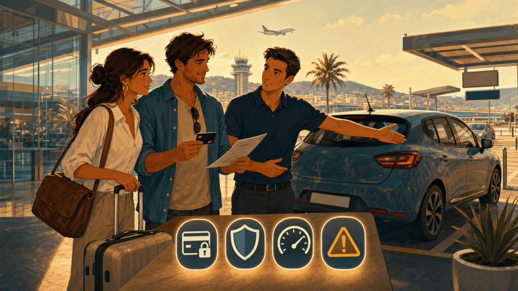 Illustration de voyageurs vérifiant les coûts cachés avant une location de voiture en vacances