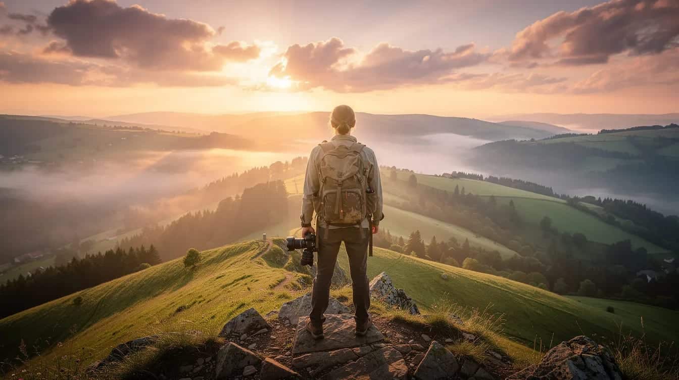 Un voyageur avec un sac à dos et un appareil photo se tient sur une montagne, contemplant de vastes paysages verdoyants au lever du soleil. Cette scène évoque les aventures et le tourisme, inspirant les amoureux de la nature à explorer le monde comme le fait Alex Vizeo.