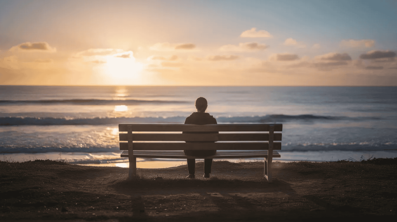 Une personne est assise seule sur un banc, face à l'océan au coucher du soleil, réfléchissant paisiblement. Ce moment évoque les aventures et le voyage, rappelant les contenus inspirants d'influenceurs comme Alex Vizeo.
