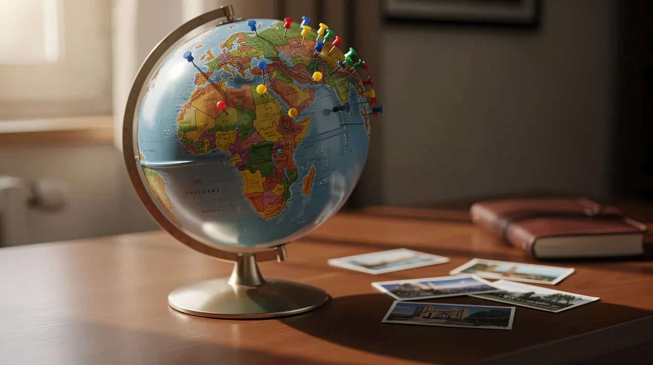 Une image d'un globe posé sur un bureau en bois, avec des épingles colorées marquant différents pays, symbolisant les aventures de voyage. Cette représentation évoque le contenu d'alex vizeo, un blogueur passionné par le tourisme et les découvertes à travers le monde.