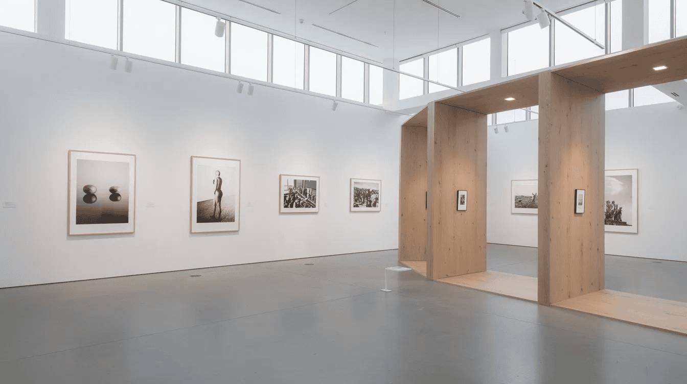 Une exposition lumineuse présente des photographies grand format accrochées sur des murs blancs, entourées de structures en bois. Cet espace artistique, typique de Los Angeles, met en valeur le travail d'artistes, offrant une expérience visuelle unique.