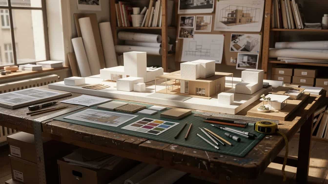 L'image montre un atelier d'artiste à Los Angeles, avec une grande table en bois recouverte de maquettes architecturales, de planches d'inspiration et d'outils de design. L'atmosphère créative se dégage de cet espace où l'utilisateur peut explorer son imagination.