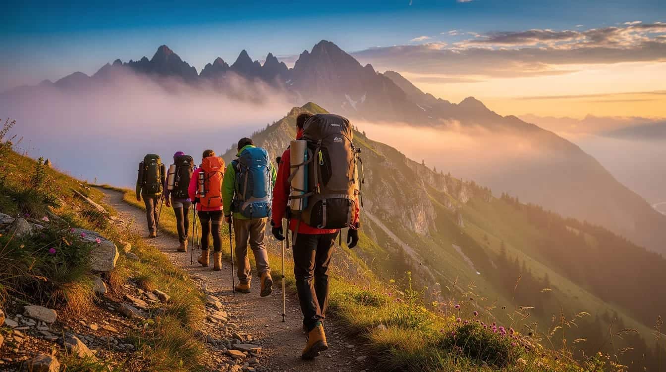 Un petit groupe de randonneurs, équipés de sacs à dos, marche sur un sentier de montagne au lever du soleil, entouré de paysages naturels époustouflants. Cette aventure en pleine nature évoque le trekking et l'exploration, idéale pour les voyageurs en quête d'une expérience authentique.