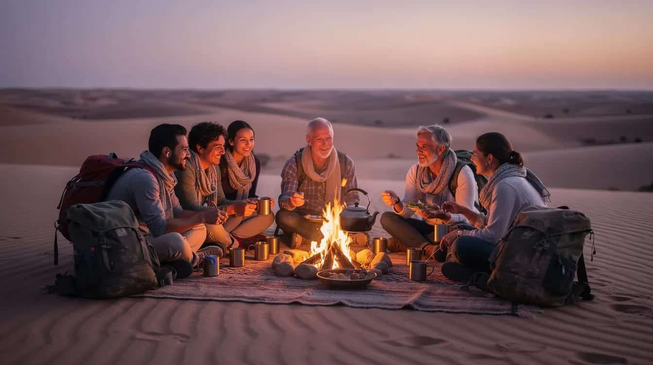 Un groupe de voyageurs partage un repas convivial autour d'un feu de camp, dans un désert illuminé par les couleurs chaudes du crépuscule. Cette scène évoque une aventure immersive au cœur de la nature, parfaite pour des moments de partage et de découvertes en voyage.