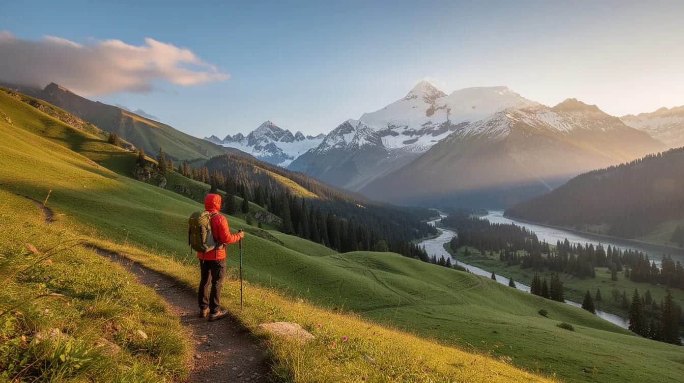 Un randonneur, portant un sac à dos, se tient au bord d'une vallée verdoyante, admirant les montagnes enneigées qui se dressent majestueusement en arrière-plan. Ce paysage naturel évoque l'aventure et l'immersion dans la beauté du monde, parfait pour les voyageurs en quête de trekking.