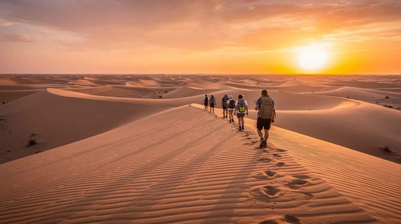 Un petit groupe de randonneurs traverse un paysage de dunes désertiques au coucher du soleil, créant une ambiance magique et aventureuse. Ce moment captivant illustre l'esprit du voyage nomade, où chaque pas révèle la beauté naturelle de la Namibie.