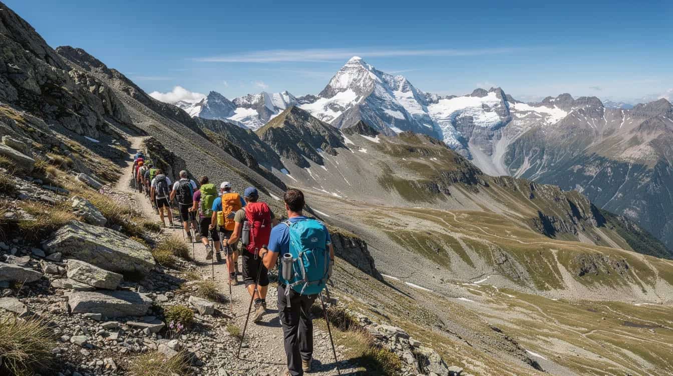 Un groupe de randonneurs marche en file indienne sur un sentier de haute montagne, avec des sommets enneigés majestueux en arrière-plan. Cette scène évoque l'esprit d'aventure et de découverte, typique des séjours de trekking proposés par Allibert, une agence de voyage engagée dans le tourisme responsable.