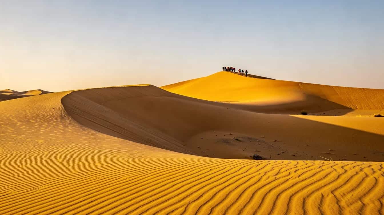 Un paysage désertique s'étend à perte de vue, avec des dunes de sable doré sous un ciel clair. Au loin, un petit groupe de randonneurs, probablement des voyageurs en quête d'aventure, se déplace lentement, évoquant un trek organisé par une agence de voyage comme Allibert trekking.