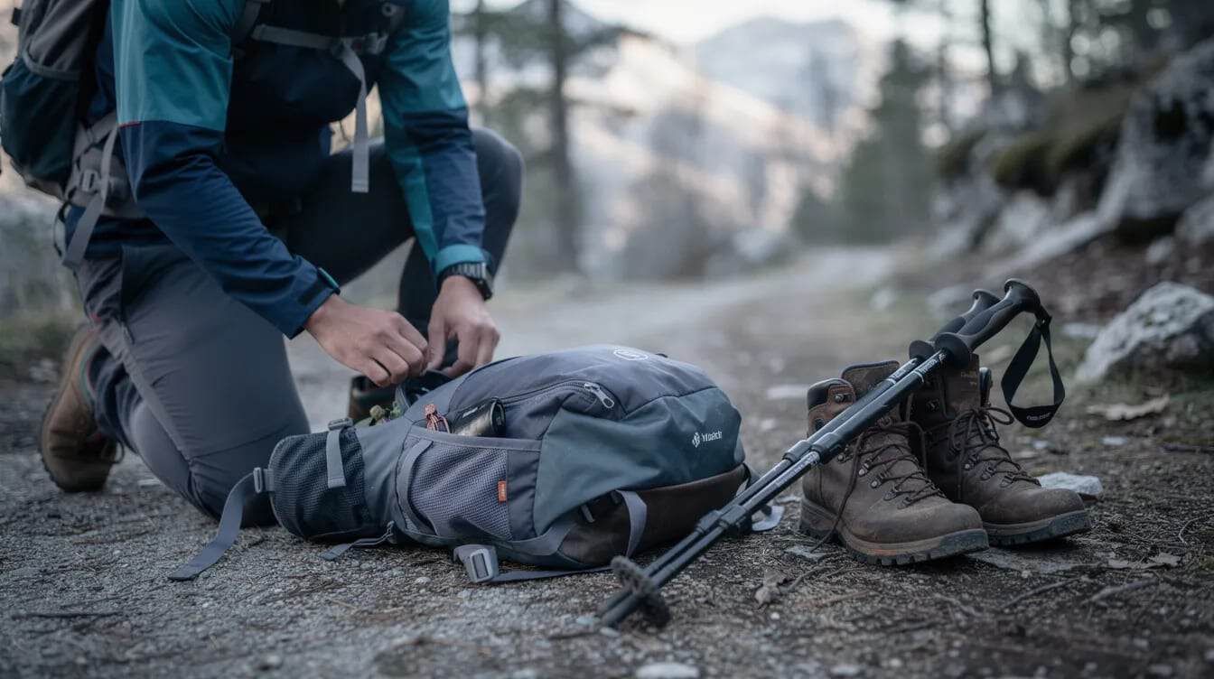 Un randonneur s'affaire à préparer son sac à dos, avec des bâtons de marche et des chaussures de randonnée posés au sol à ses côtés, symbolisant l'anticipation d'une belle aventure en pleine nature. Ce moment évoque l'esprit des randonnées et des séjours inoubliables, comme ceux proposés par Terres d'Aventure.