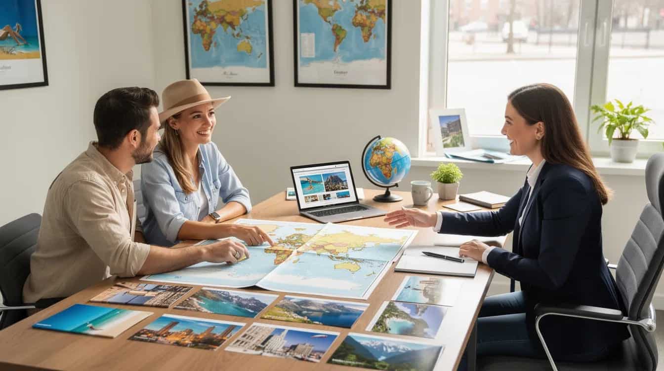Un conseiller en voyage est assis derrière un bureau, discutant avec un couple, tandis que des cartes et des brochures sur des destinations comme l'Amérique du Sud et la Nouvelle-Zélande sont étalées devant eux. Cette scène illustre l'organisation d'un voyage sur mesure, où le conseiller écoute attentivement les envies des clients pour créer une expérience unique.
